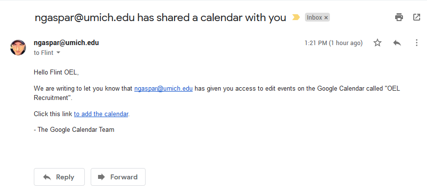Shared Google Calendar Invitation Email with Clickable link to add the calendar
